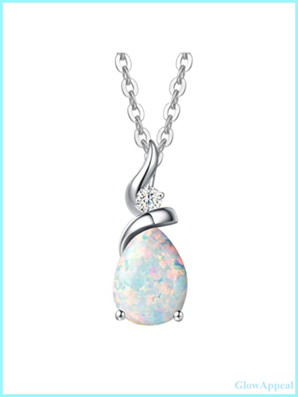 14K Solid White Gold Opal Pear Teardrop Pendant Necklace Lab Diamond